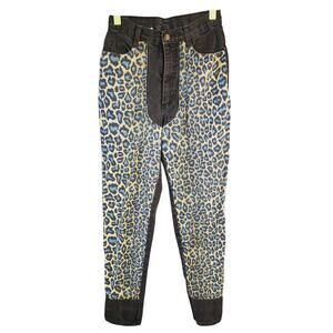 VTg 80s Fredericks of Hollywood Blue leopard Black Denim High Rise Jeans Sz 3 US